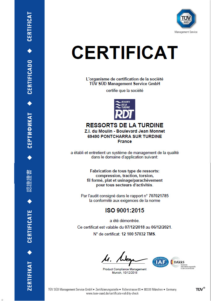 Certificat Qualité Ressorts de la Turdine